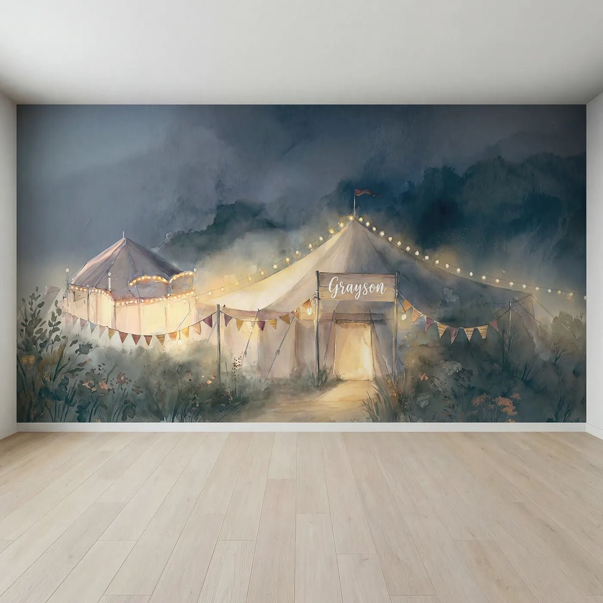 Full view of Fairground Lights Night Personalized Wall Mural by Whimsy Tots