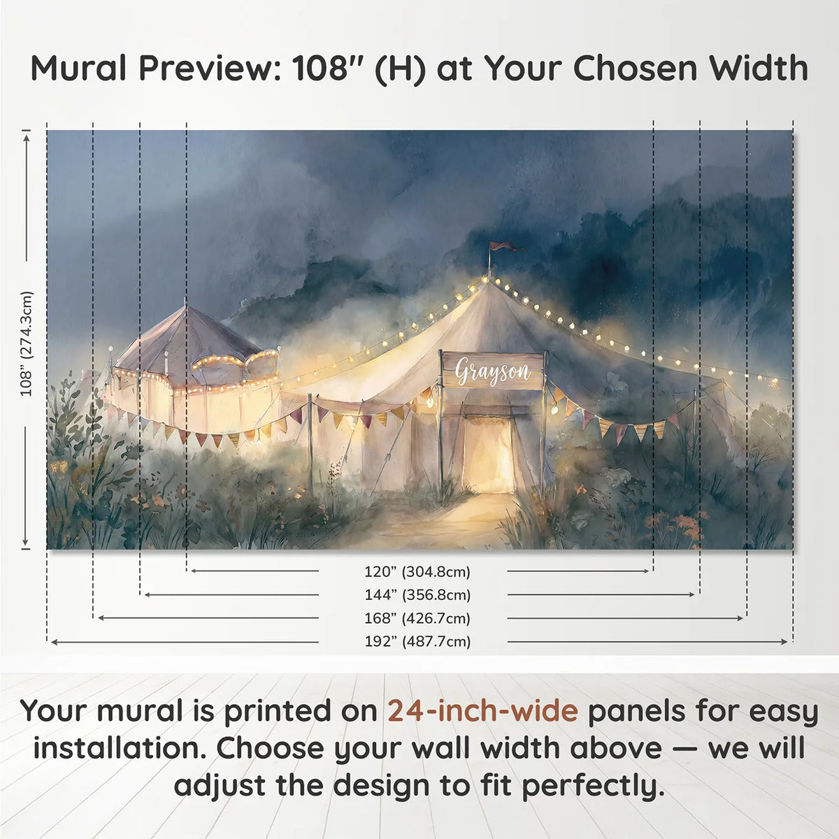 Panel layout and dimensions for Fairground Lights Night Personalized Wall Mural by Whimsy Tots