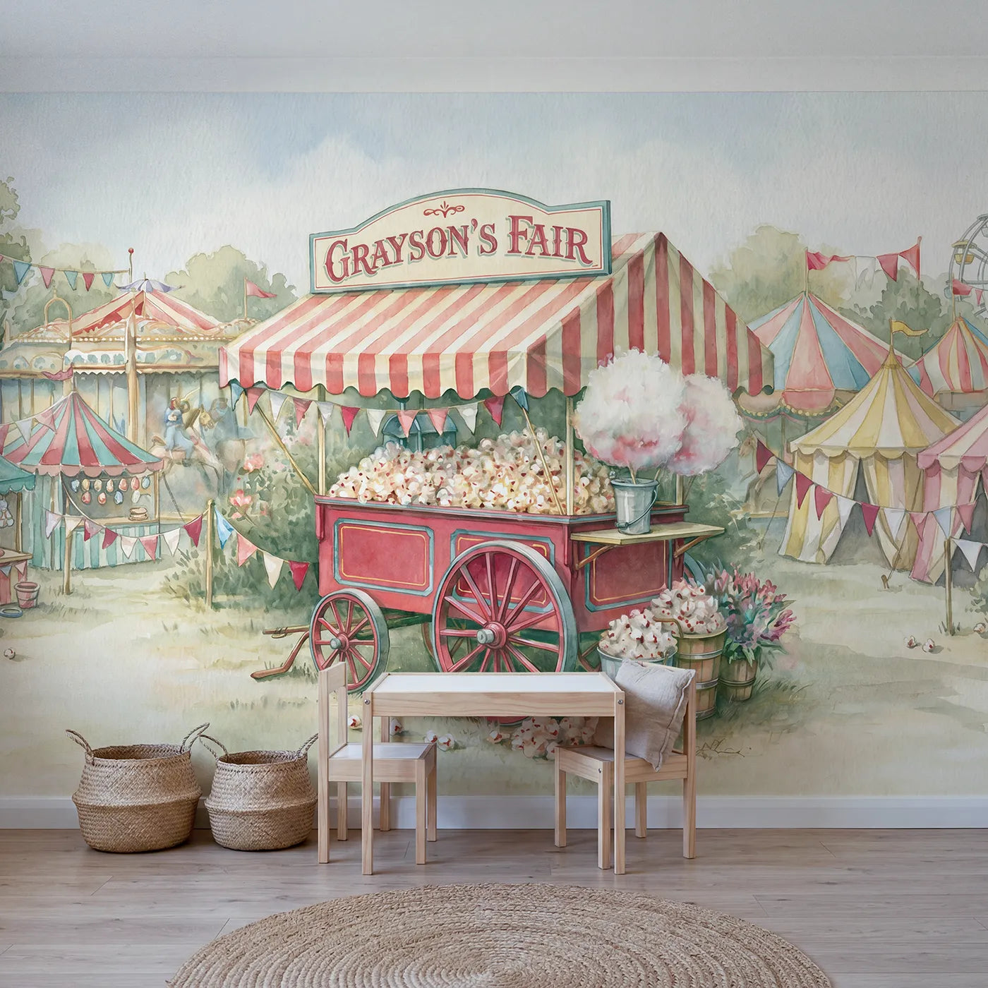 Storybook treats cart of sweets with an awning name sign, playroom mural by Whimsy Tots