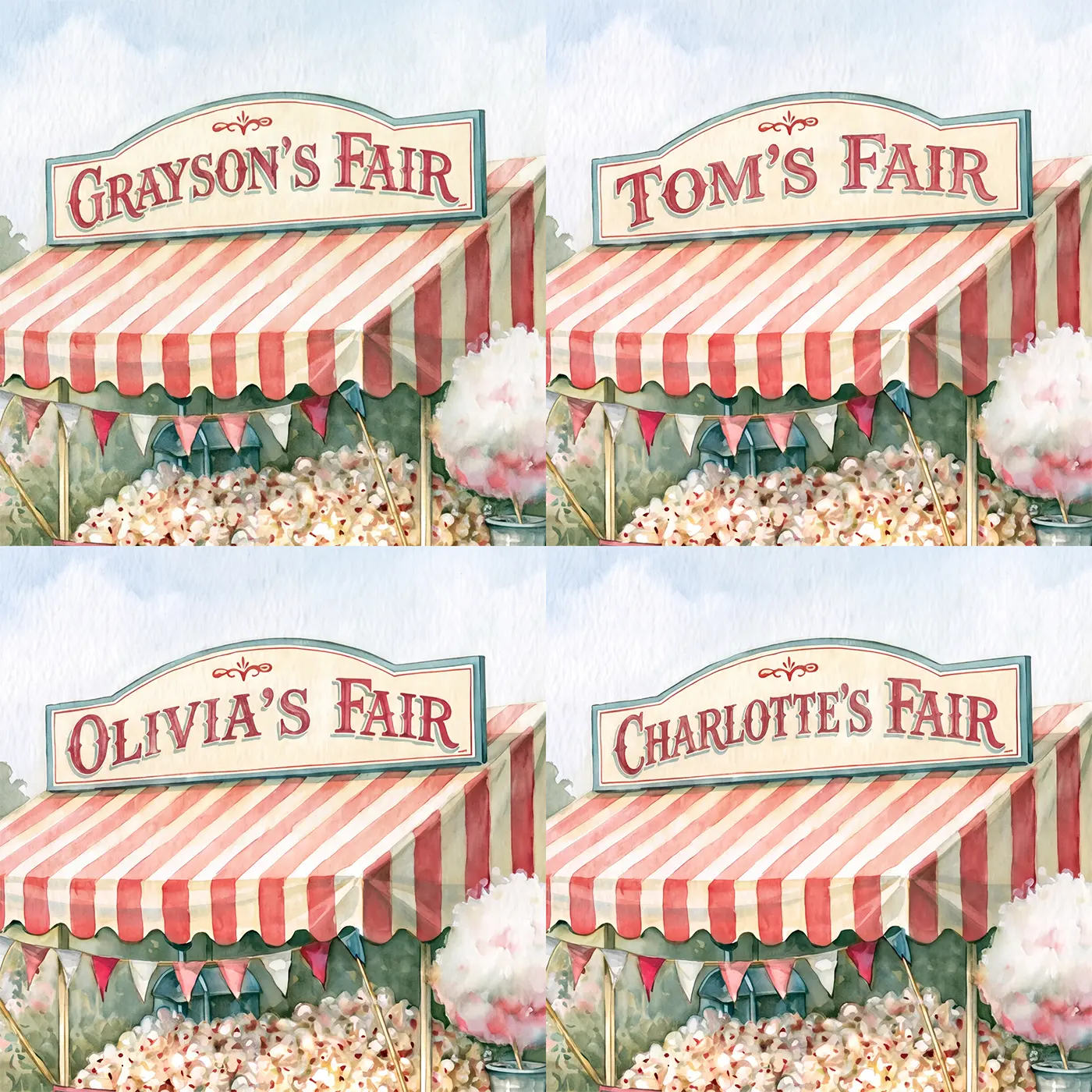 Four name preview examples of Vintage Treats Cart Personalized Wall Mural by Whimsy Tots