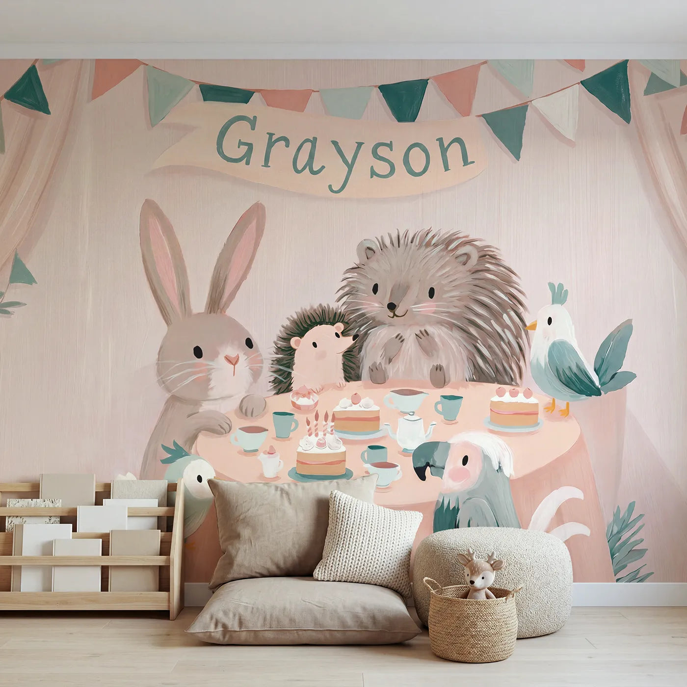 Modern illustration animal tea party with a name on the bunting, kids room mural by Whimsy Tots