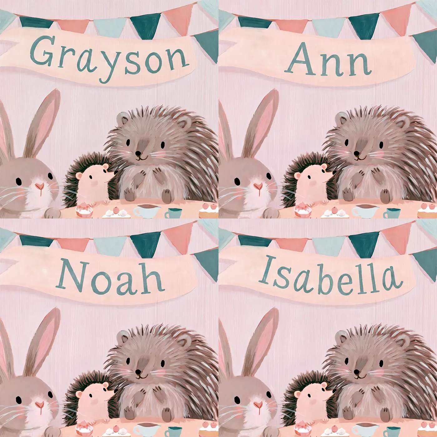 Four name preview examples of Animal Tea Party Personalized Wall Mural by Whimsy Tots