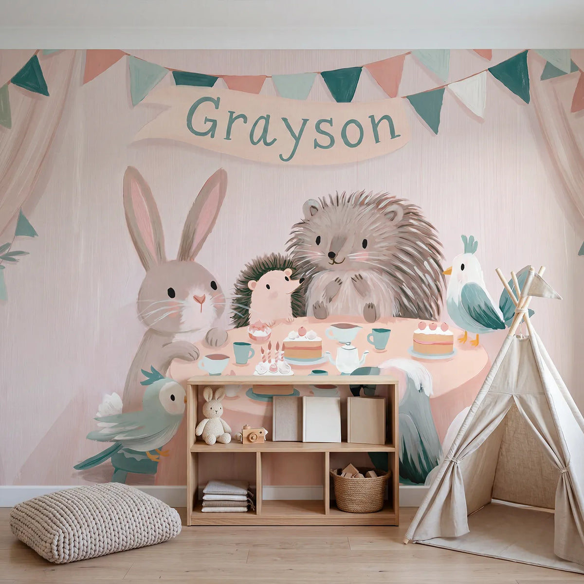 Animal Tea Party Personalized Wall Mural in playroom setting by Whimsy Tots
