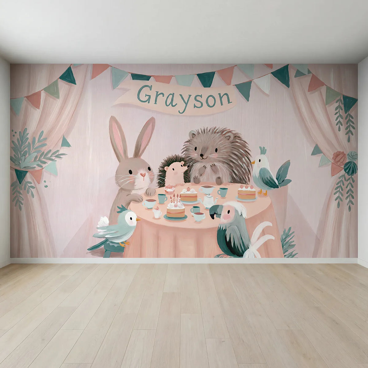 Full view of Animal Tea Party Personalized Wall Mural by Whimsy Tots
