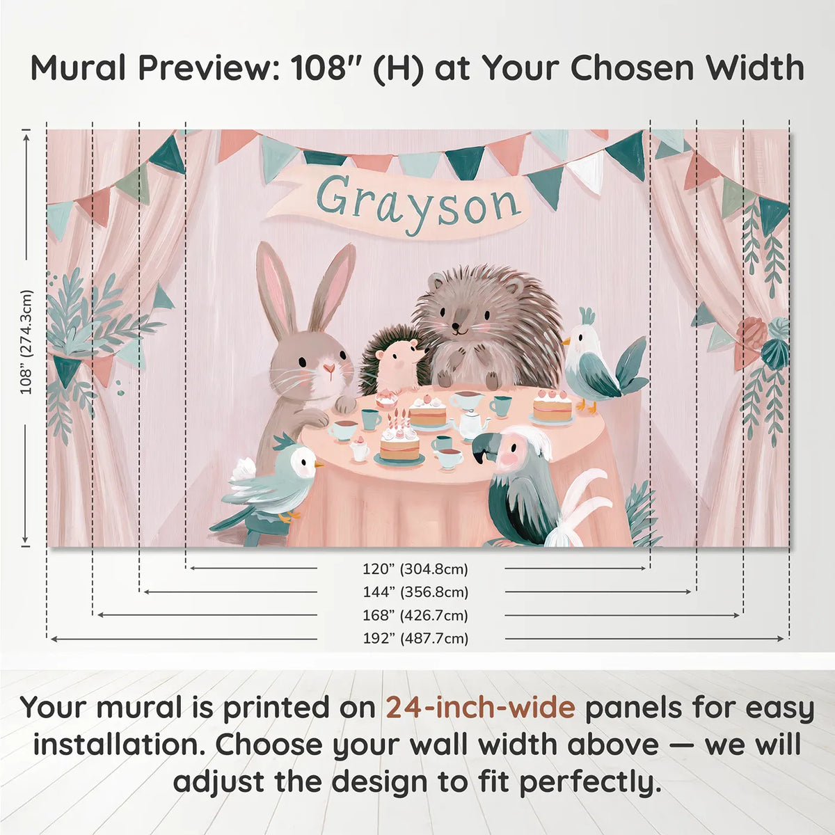 Panel layout and dimensions for Animal Tea Party Personalized Wall Mural by Whimsy Tots