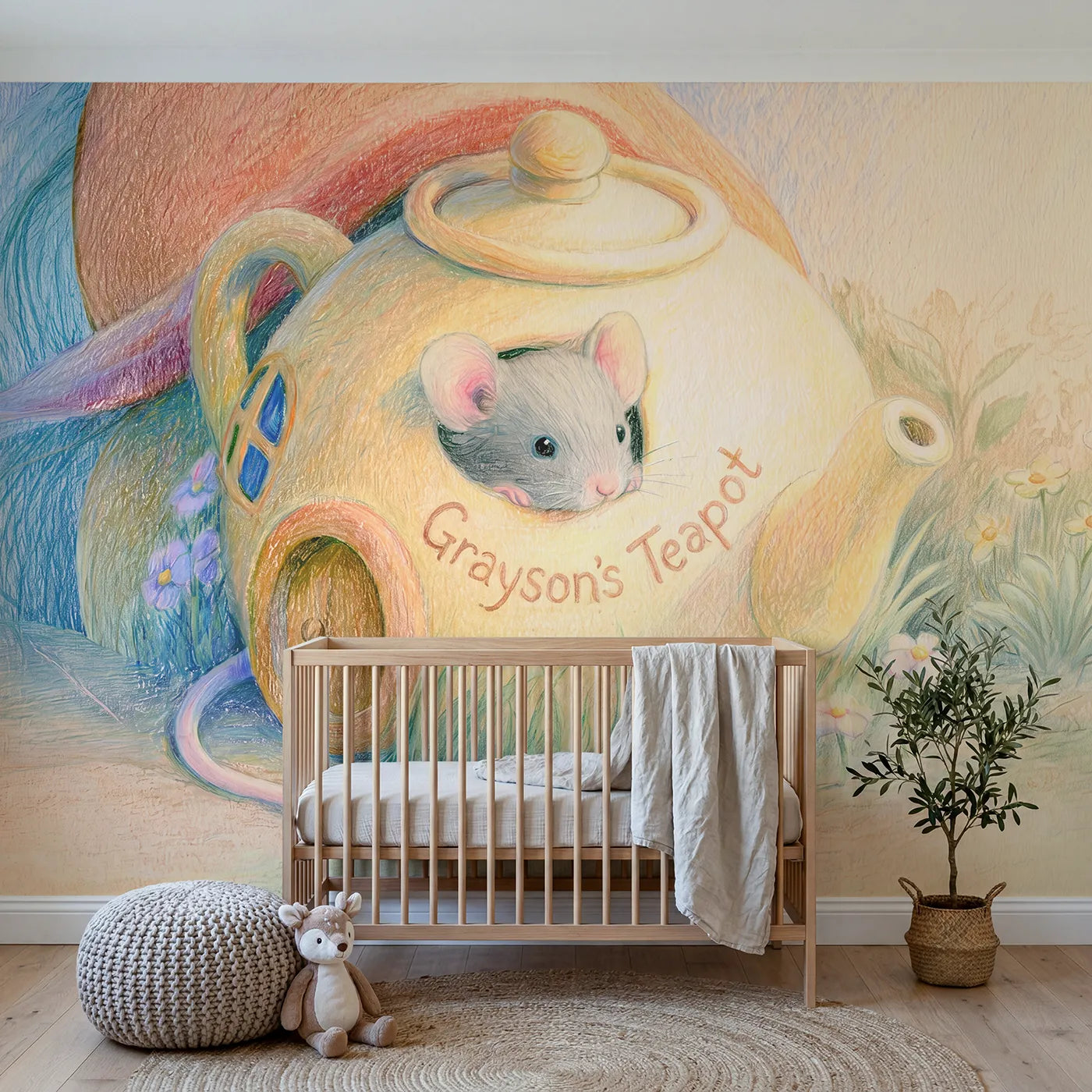 Colored pencil mouse in a teapot home with a name on the pot, nursery mural by Whimsy Tots