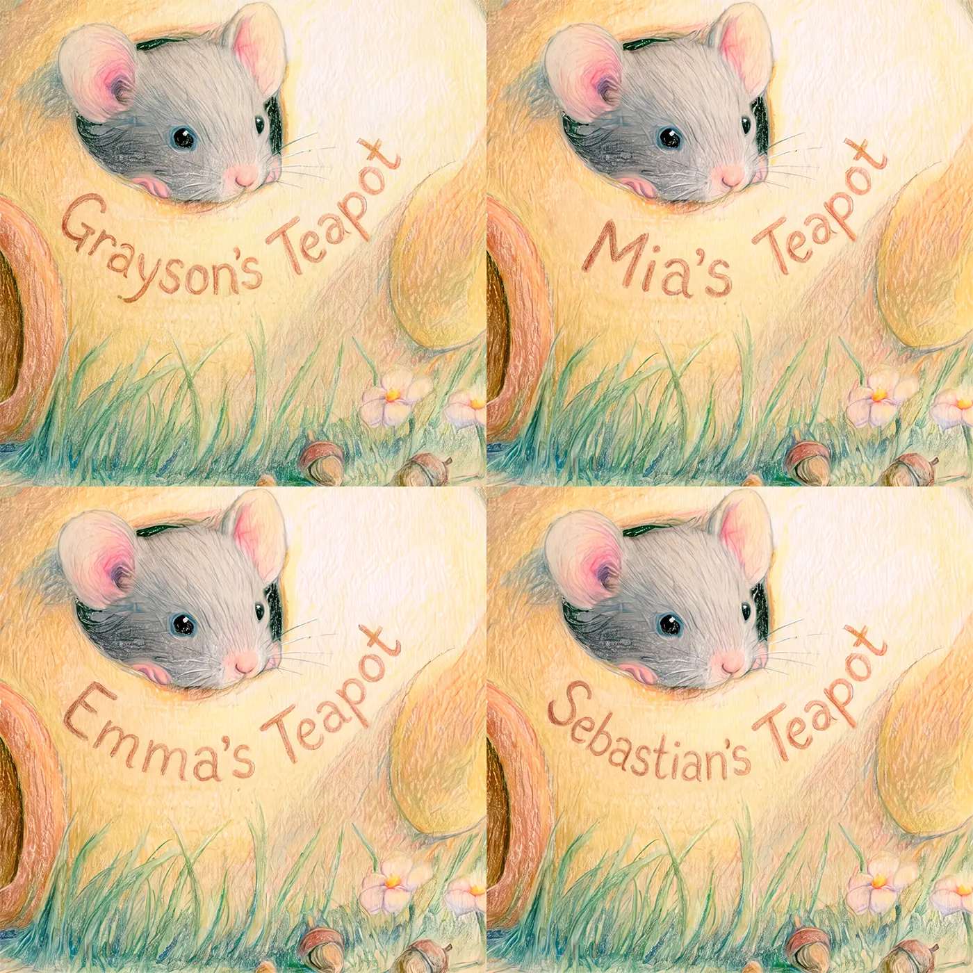 Four name preview examples of Cozy Mouse Teapot Personalized Wall Mural by Whimsy Tots