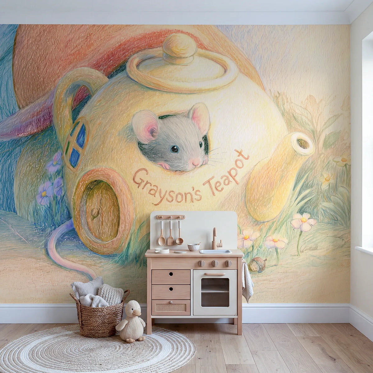 Cozy Mouse Teapot Personalized Wall Mural in playroom setting by Whimsy Tots