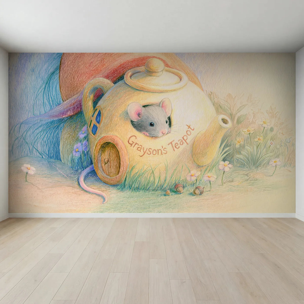 Full view of Cozy Mouse Teapot Personalized Wall Mural by Whimsy Tots