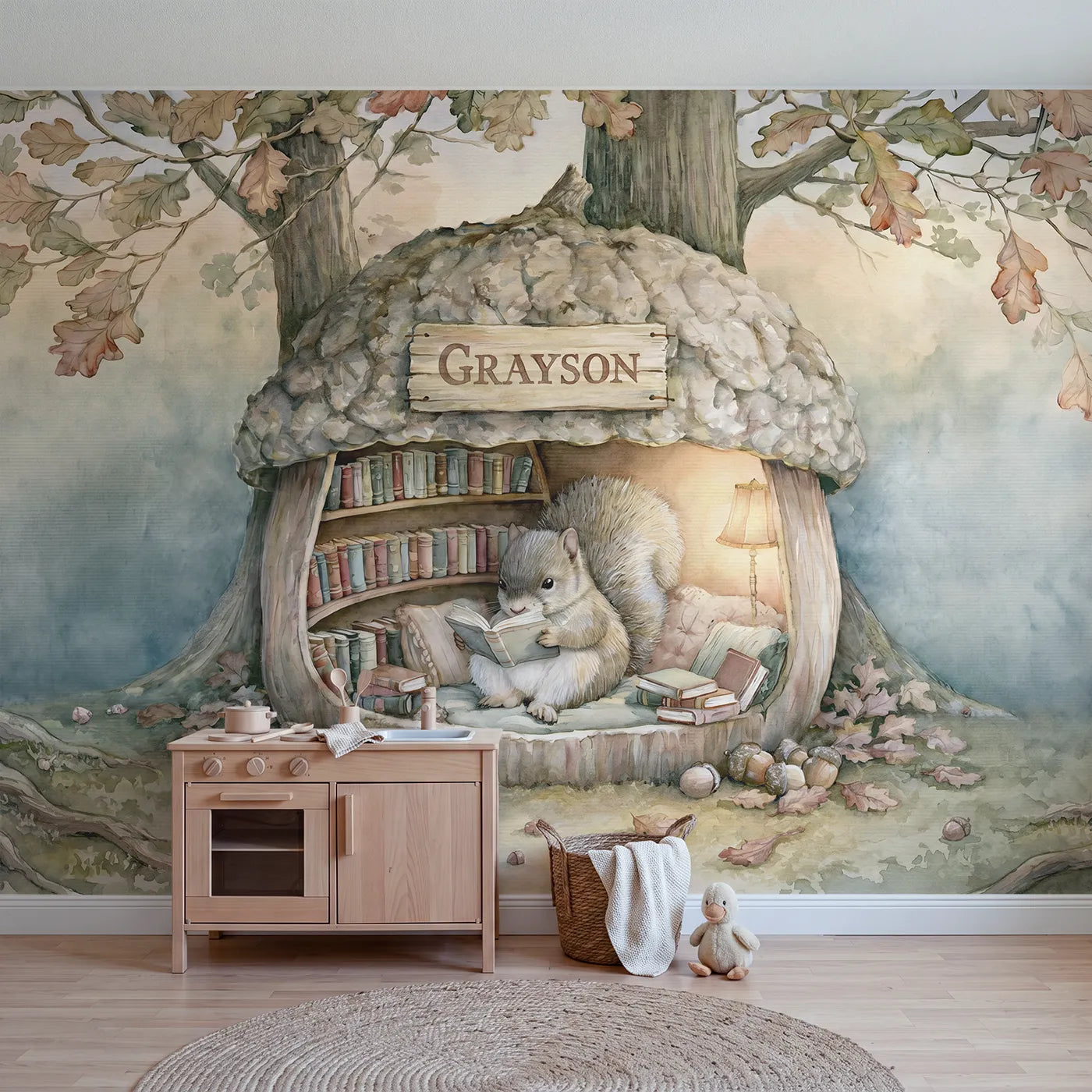 Storybook squirrel reading in an acorn nook with a name sign, bedroom mural by Whimsy Tots