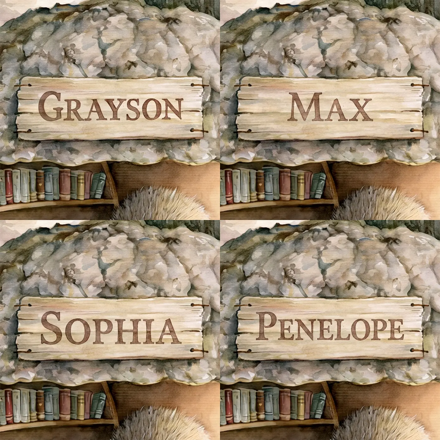 Four name preview examples of Squirrel Reading Nook Personalized Wall Mural by Whimsy Tots