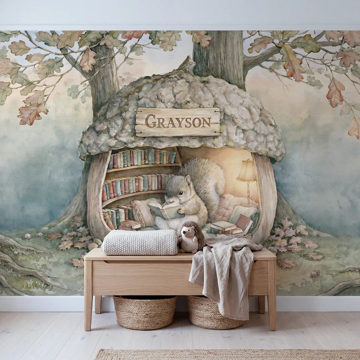 Squirrel Reading Nook Personalized Wall Mural in playroom setting by Whimsy Tots