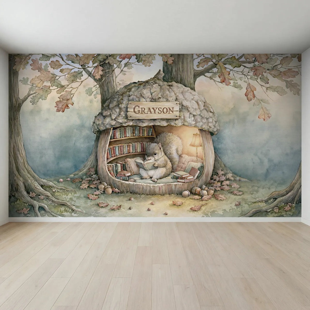 Full view of Squirrel Reading Nook Personalized Wall Mural by Whimsy Tots