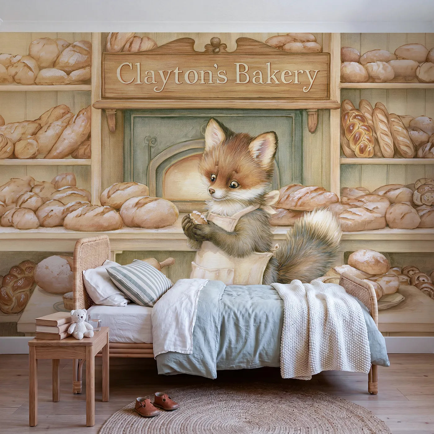 Watercolor fox baker in a bakery with a shop name sign, big-kid bedroom mural by Whimsy Tots
