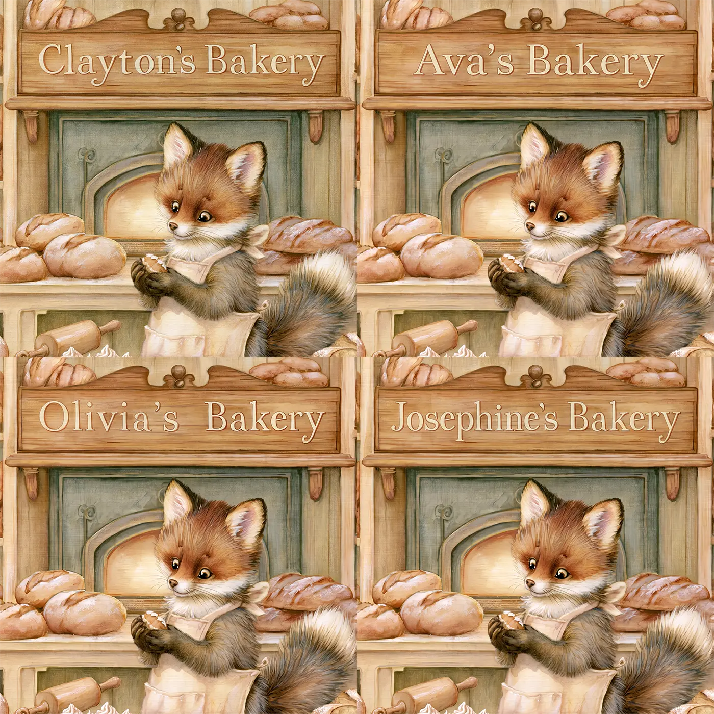 Four name preview examples of Friendly Fox Bakery Personalized Wall Mural by Whimsy Tots