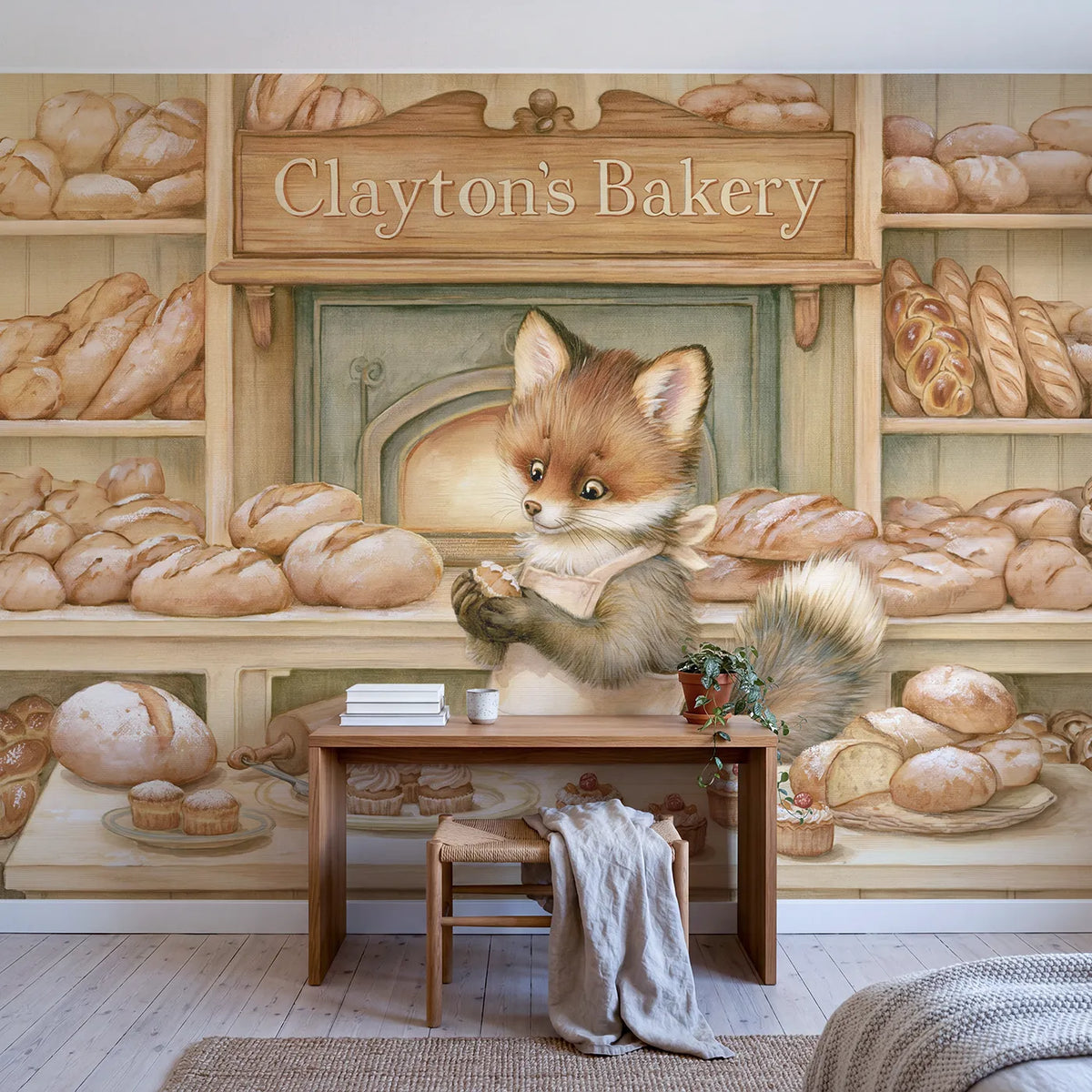 Friendly Fox Bakery Personalized Wall Mural in playroom setting by Whimsy Tots