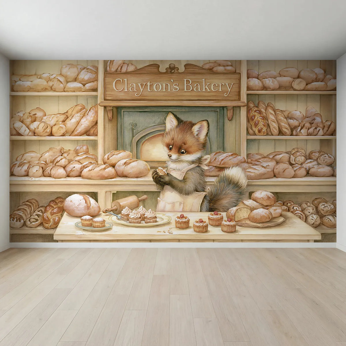 Full view of Friendly Fox Bakery Personalized Wall Mural by Whimsy Tots