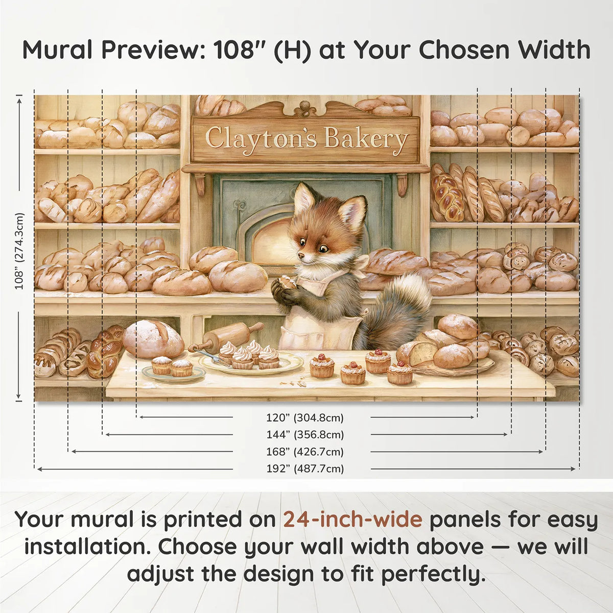 Panel layout and dimensions for Friendly Fox Bakery Personalized Wall Mural by Whimsy Tots