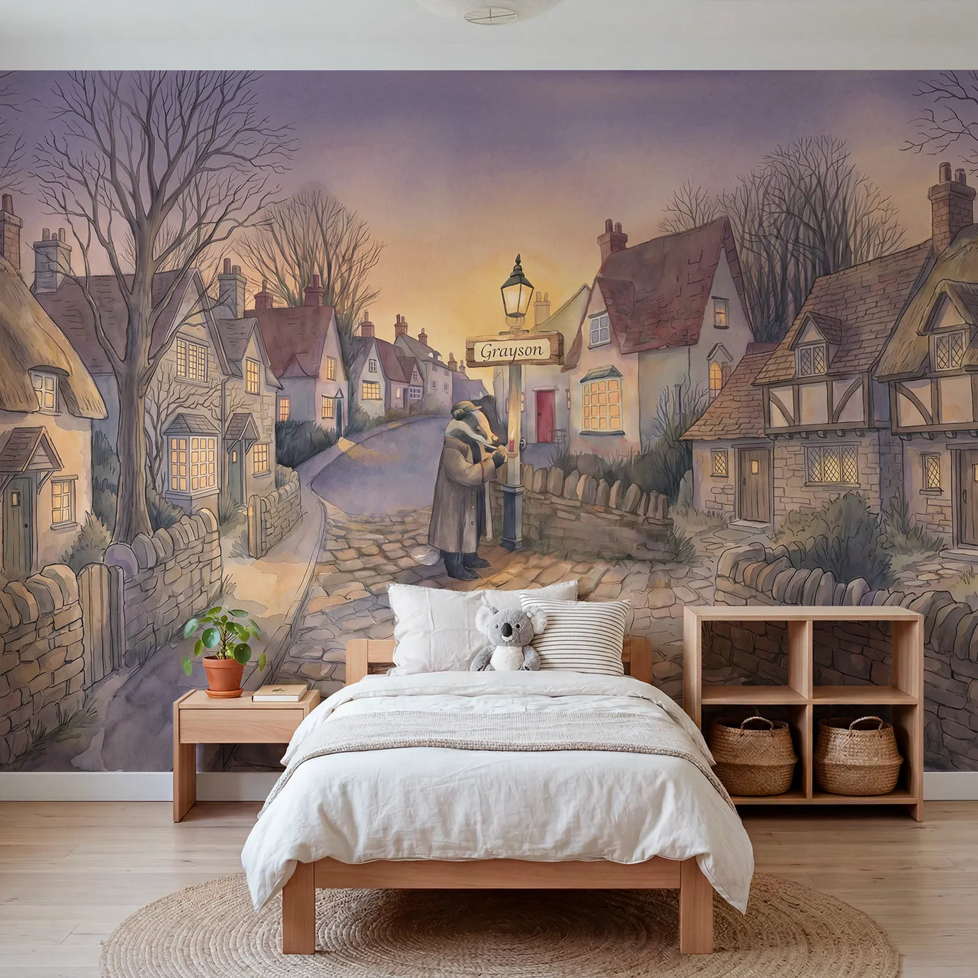 Watercolor badger lamplighter at dusk with a name post, big-kid bedroom mural by Whimsy Tots