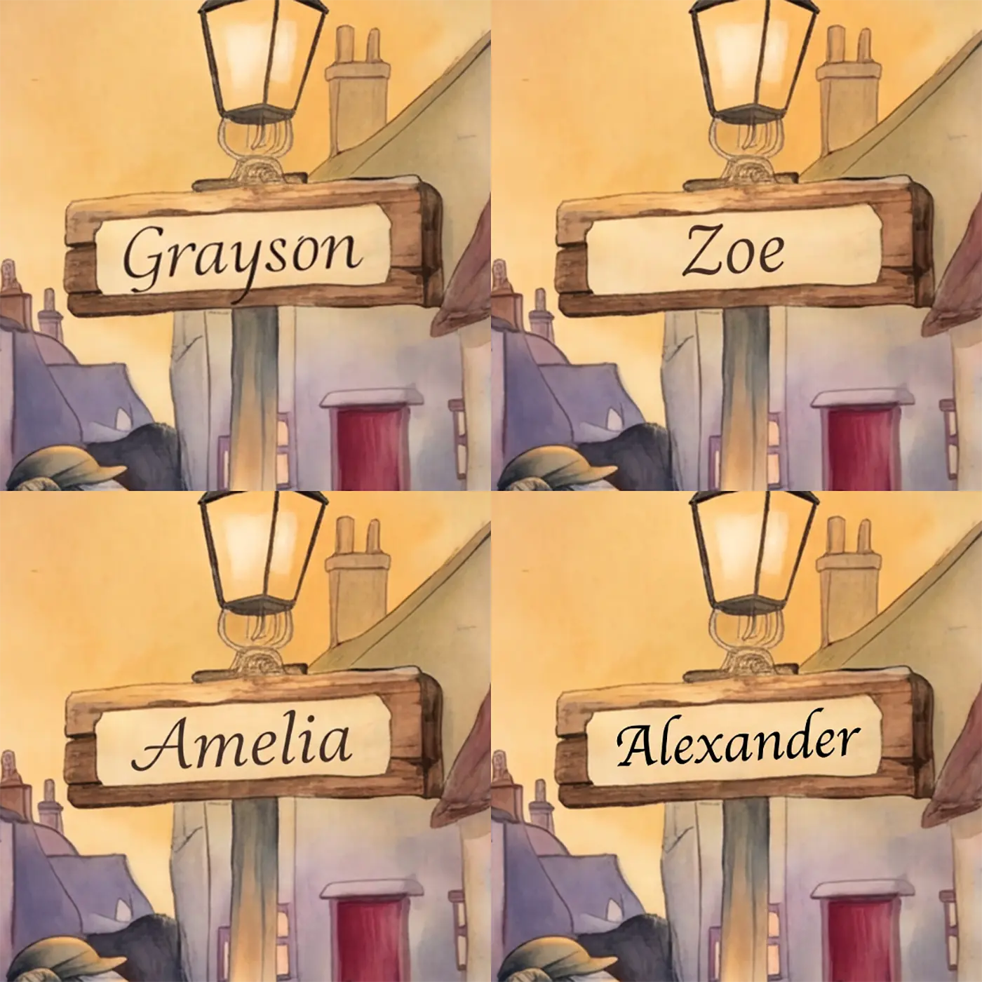 Four name preview examples of Badger Lamplighter Dusk Personalized Wall Mural by Whimsy Tots