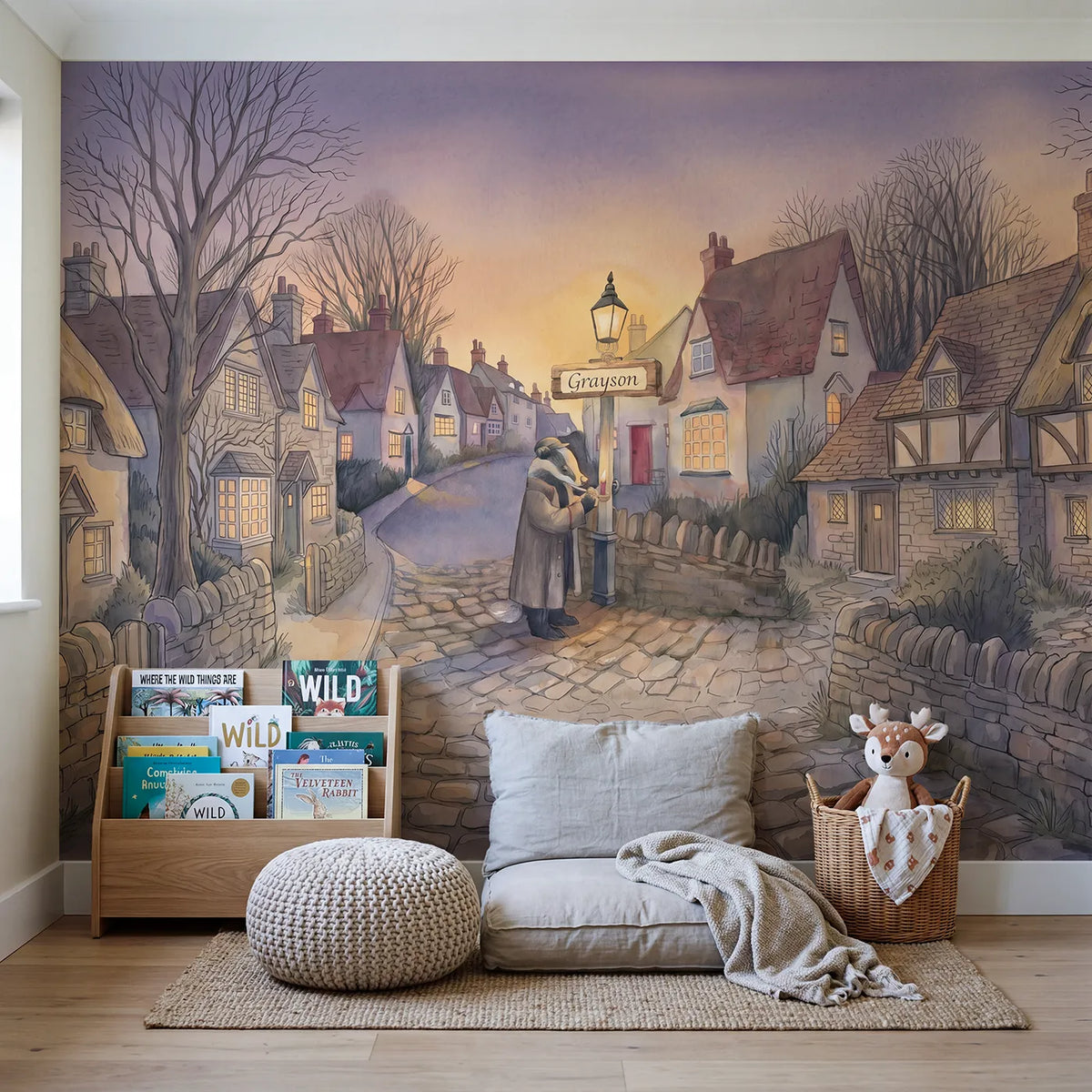 Badger Lamplighter Dusk Personalized Wall Mural in playroom setting by Whimsy Tots