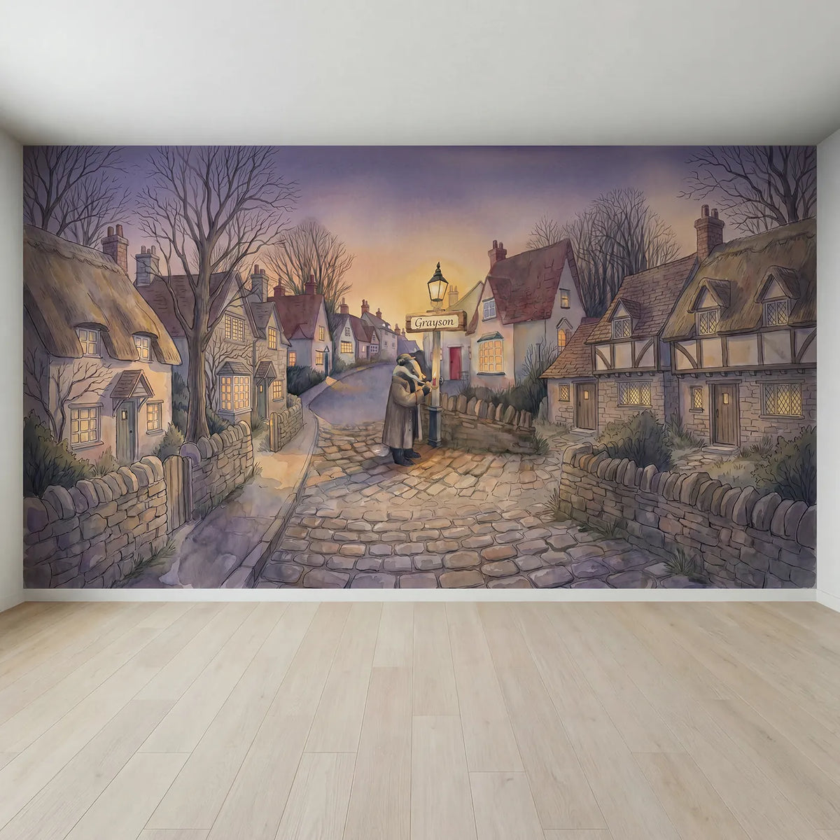 Full view of Badger Lamplighter Dusk Personalized Wall Mural by Whimsy Tots