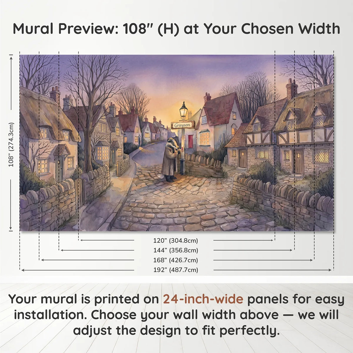 Panel layout and dimensions for Badger Lamplighter Dusk Personalized Wall Mural by Whimsy Tots