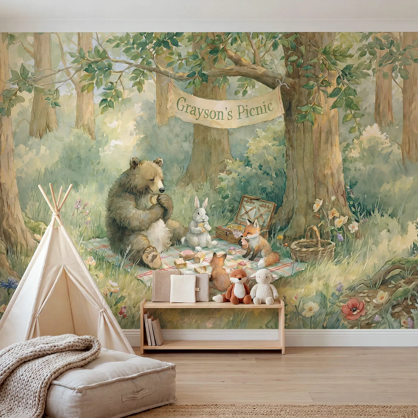 Storybook woodland animal picnic with a name on a banner, shared kids room mural by Whimsy Tots