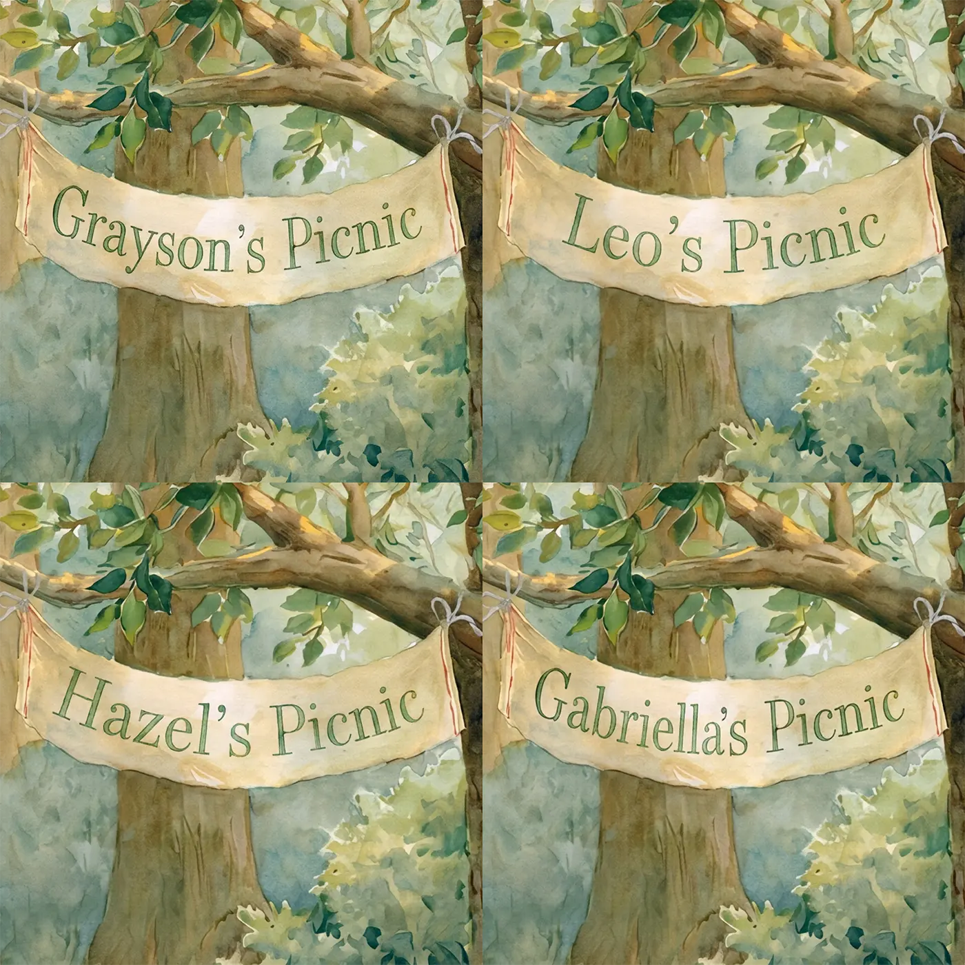 Four name preview examples of Woodland Animal Picnic Personalized Wall Mural by Whimsy Tots