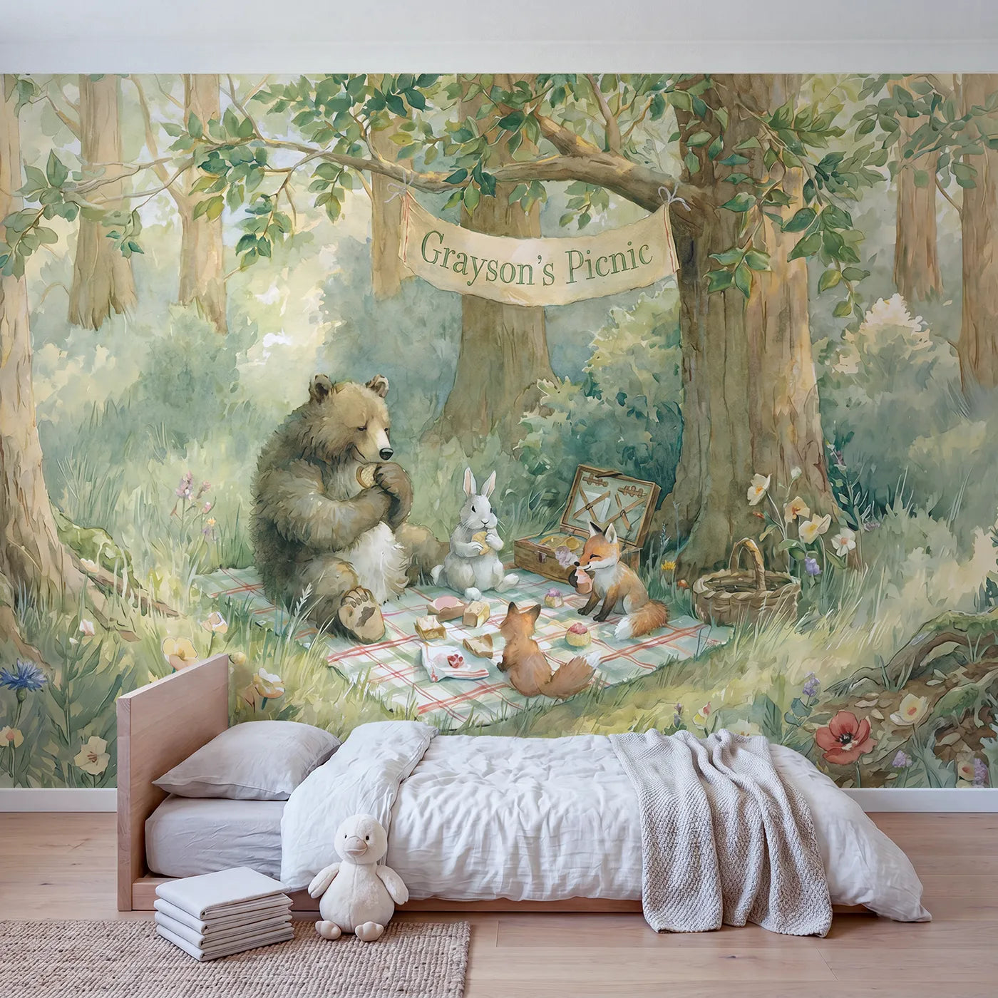 Woodland Animal Picnic Personalized Wall Mural in playroom setting by Whimsy Tots