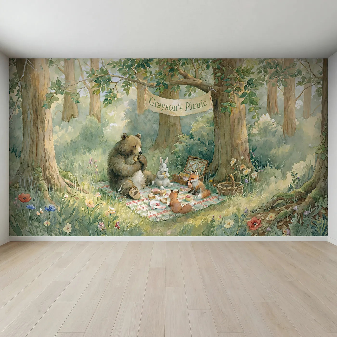 Full view of Woodland Animal Picnic Personalized Wall Mural by Whimsy Tots