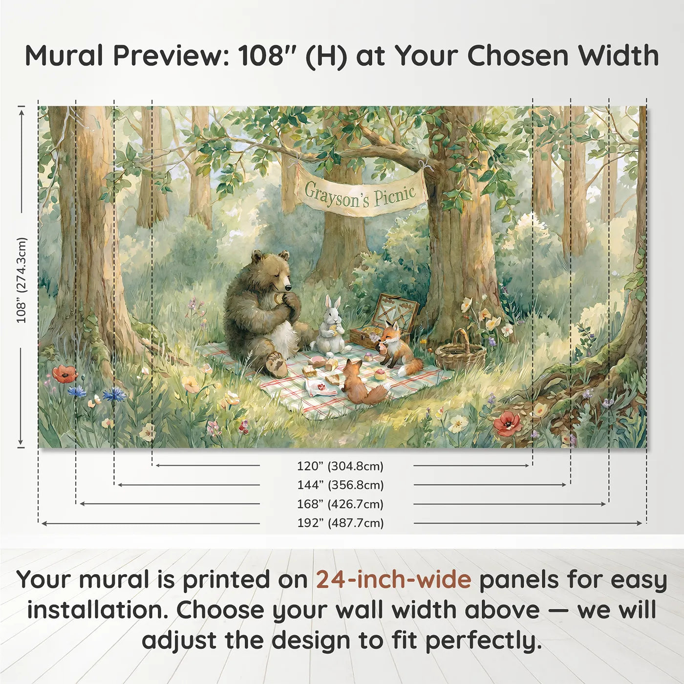 Panel layout and dimensions for Woodland Animal Picnic Personalized Wall Mural by Whimsy Tots