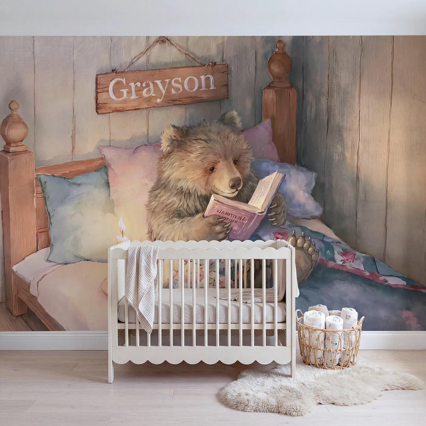 Storybook bear reading at bedtime with a name sign, soft nursery mural by Whimsy Tots