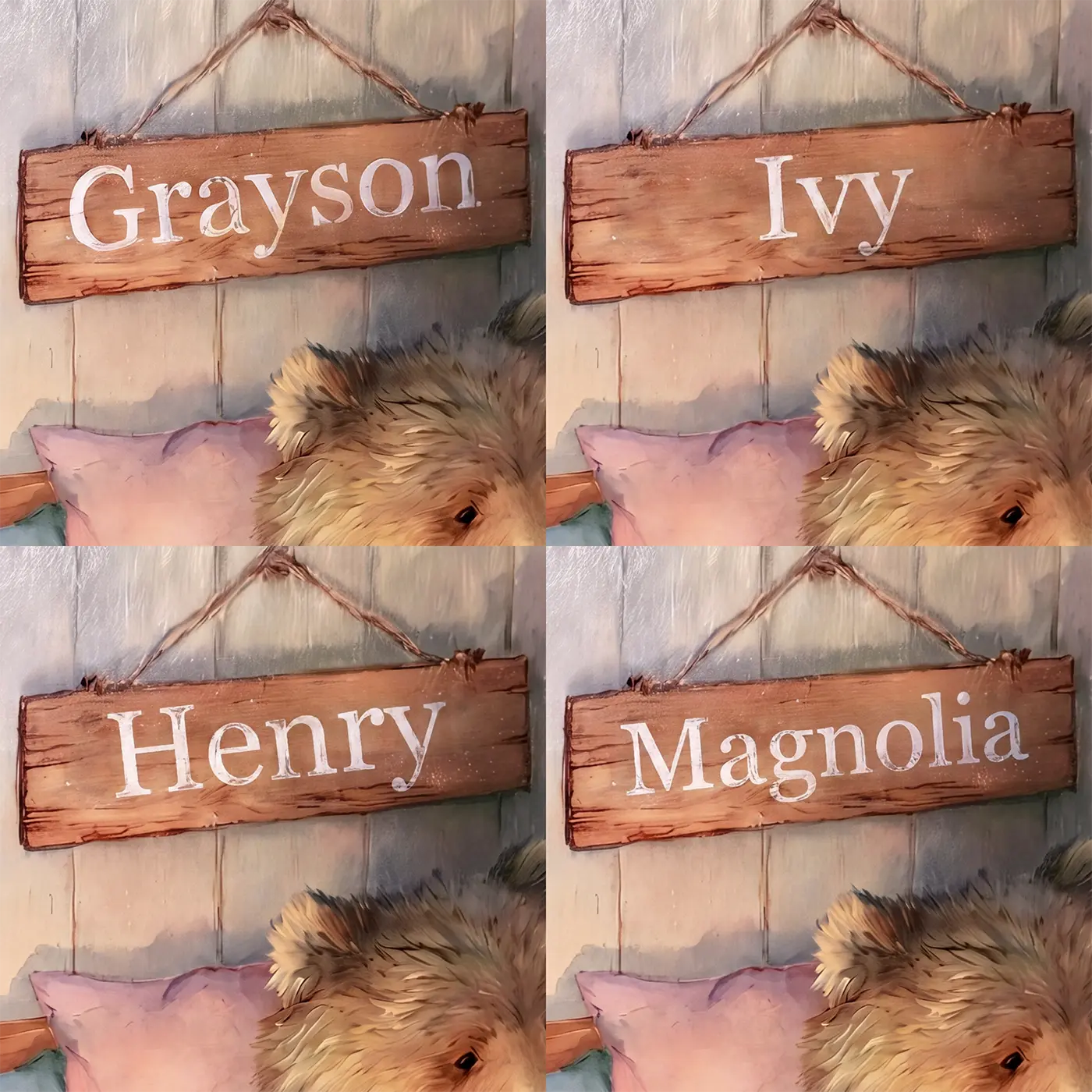 Four name preview examples of Cozy Bear Bedtime Personalized Wall Mural by Whimsy Tots
