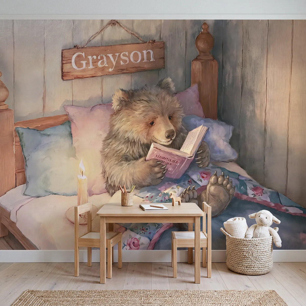 Cozy Bear Bedtime Personalized Wall Mural in playroom setting by Whimsy Tots