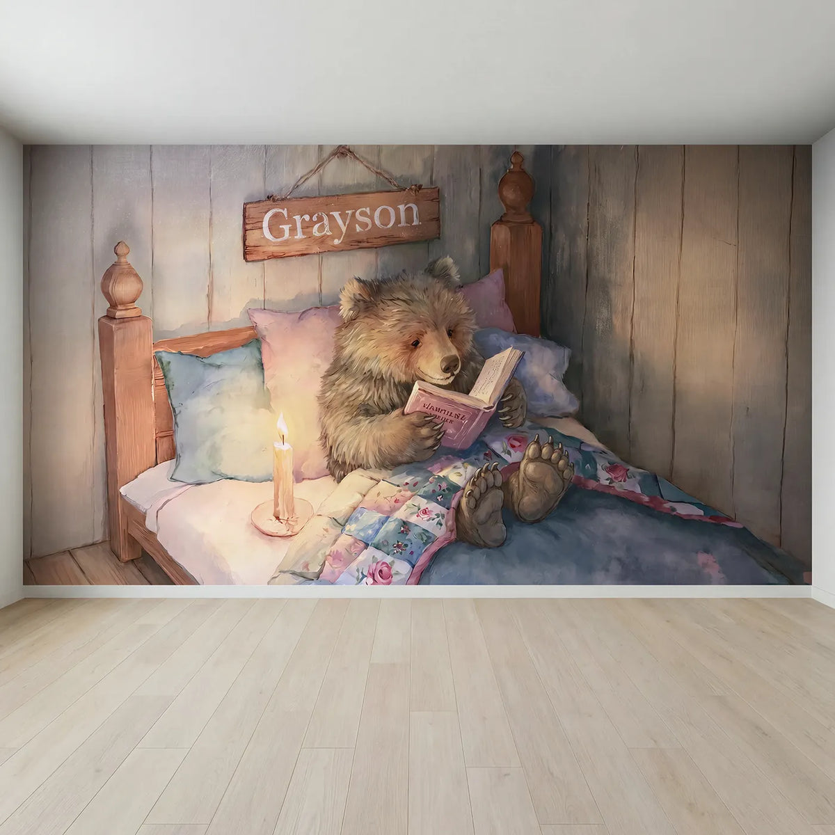 Full view of Cozy Bear Bedtime Personalized Wall Mural by Whimsy Tots