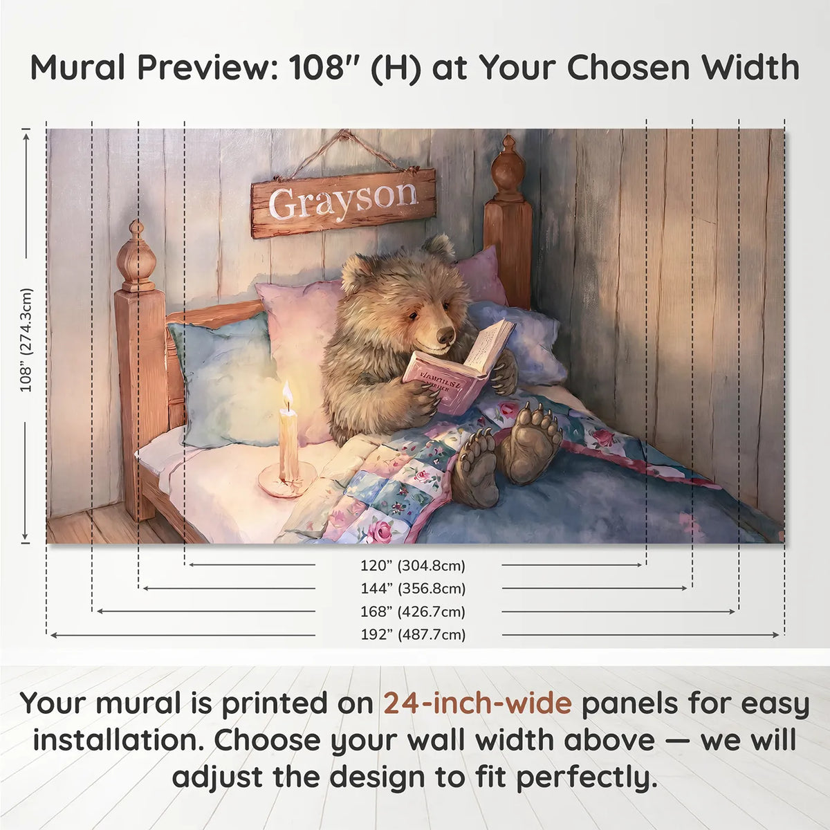 Panel layout and dimensions for Cozy Bear Bedtime Personalized Wall Mural by Whimsy Tots