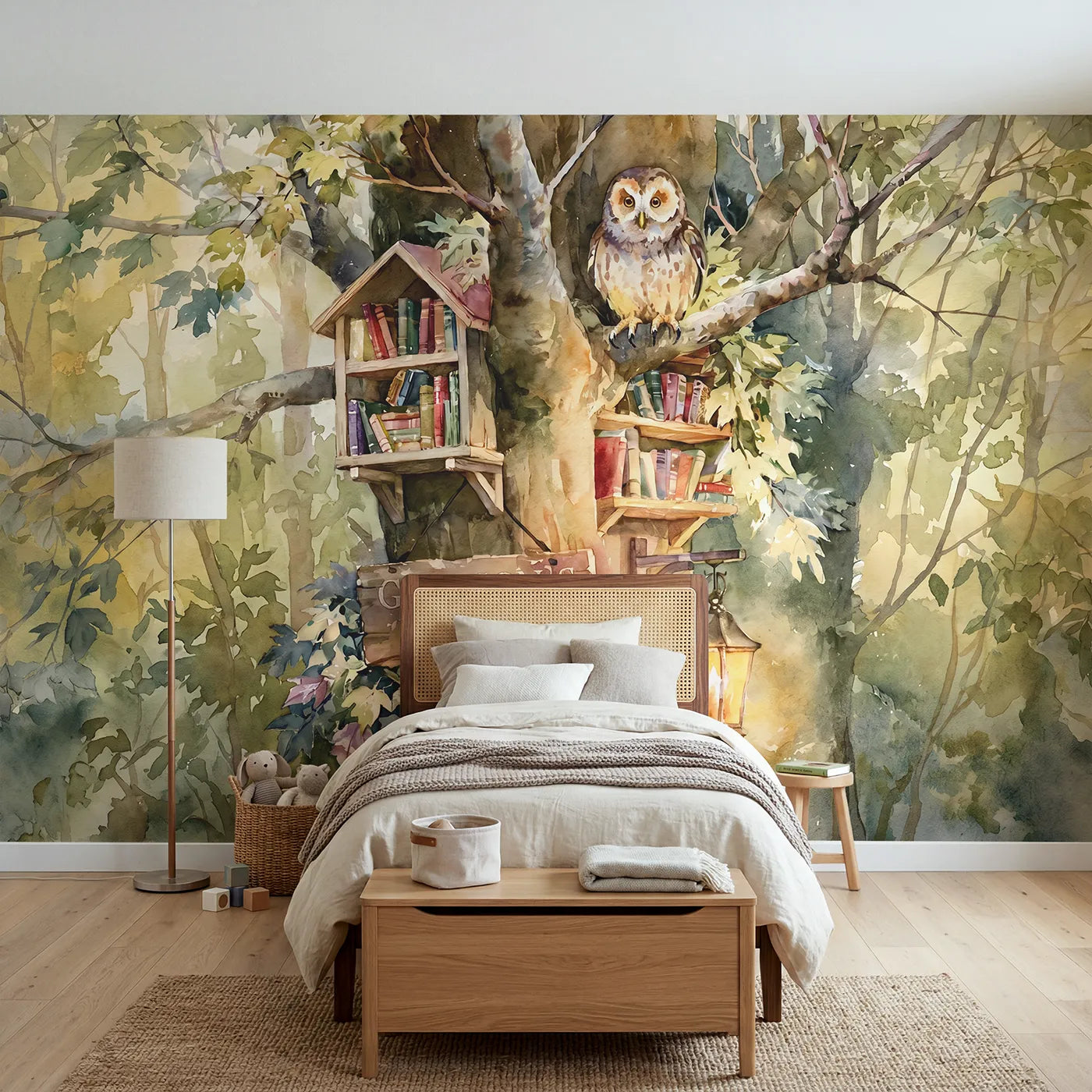 Watercolor wise owl tree library with a name on the sign, big-kid bedroom mural by Whimsy Tots