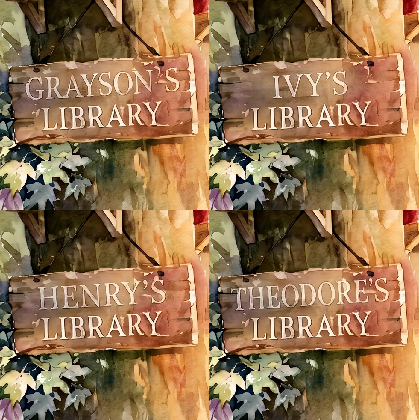 Four name preview examples of Wise Owl Library Personalized Wall Mural by Whimsy Tots