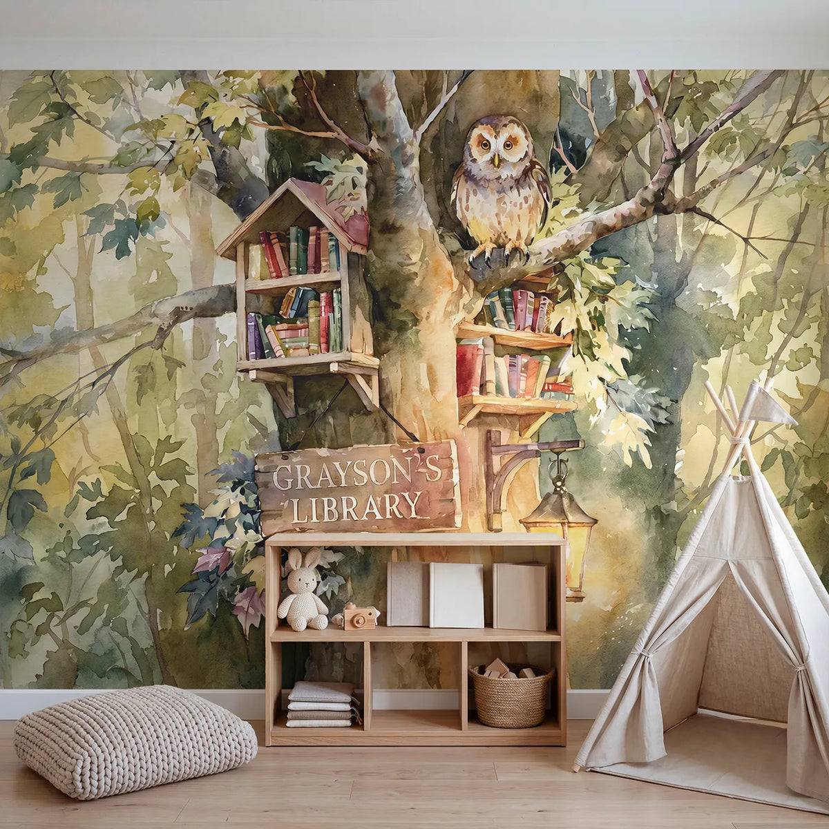 Wise Owl Library Personalized Wall Mural in playroom setting by Whimsy Tots