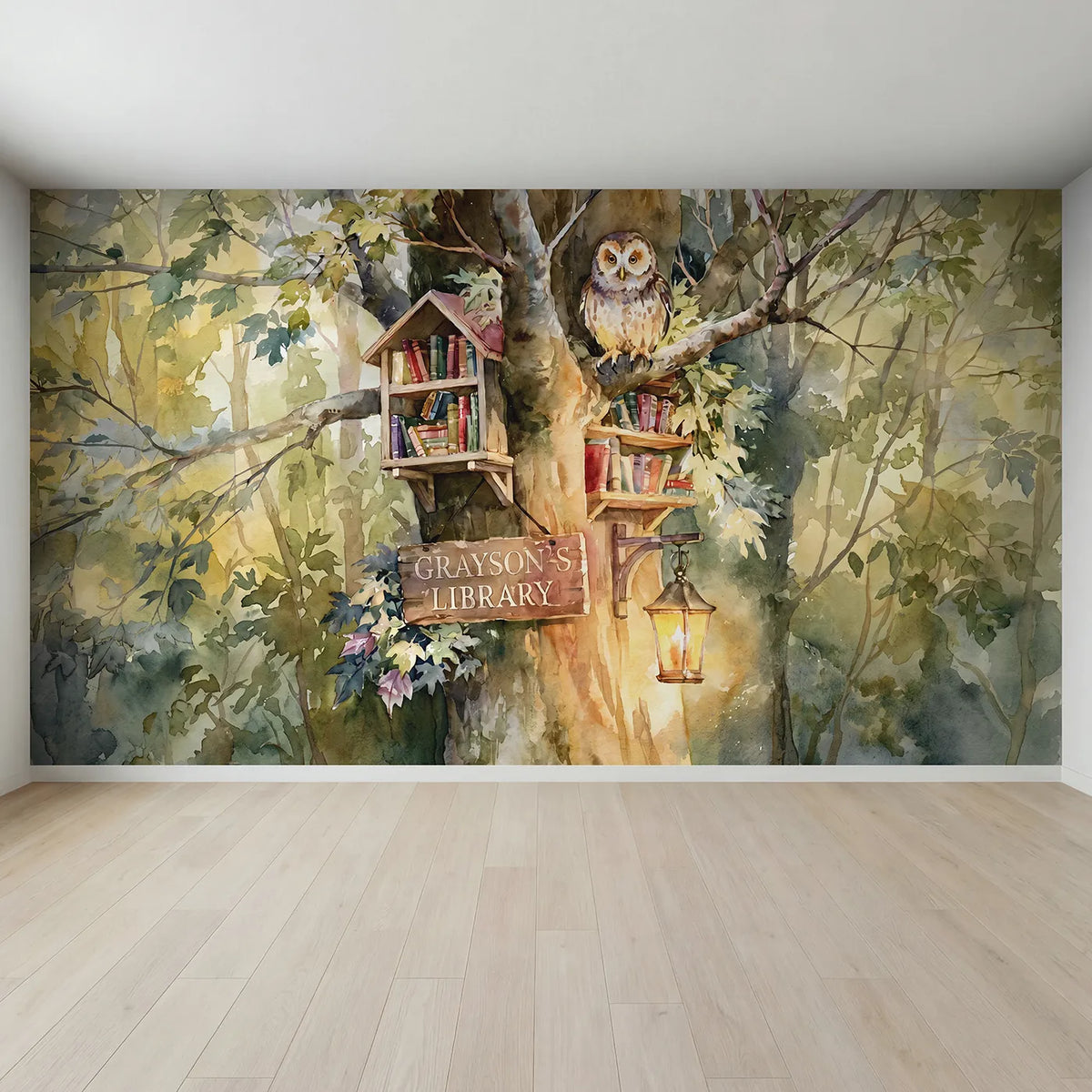 Full view of Wise Owl Library Personalized Wall Mural by Whimsy Tots