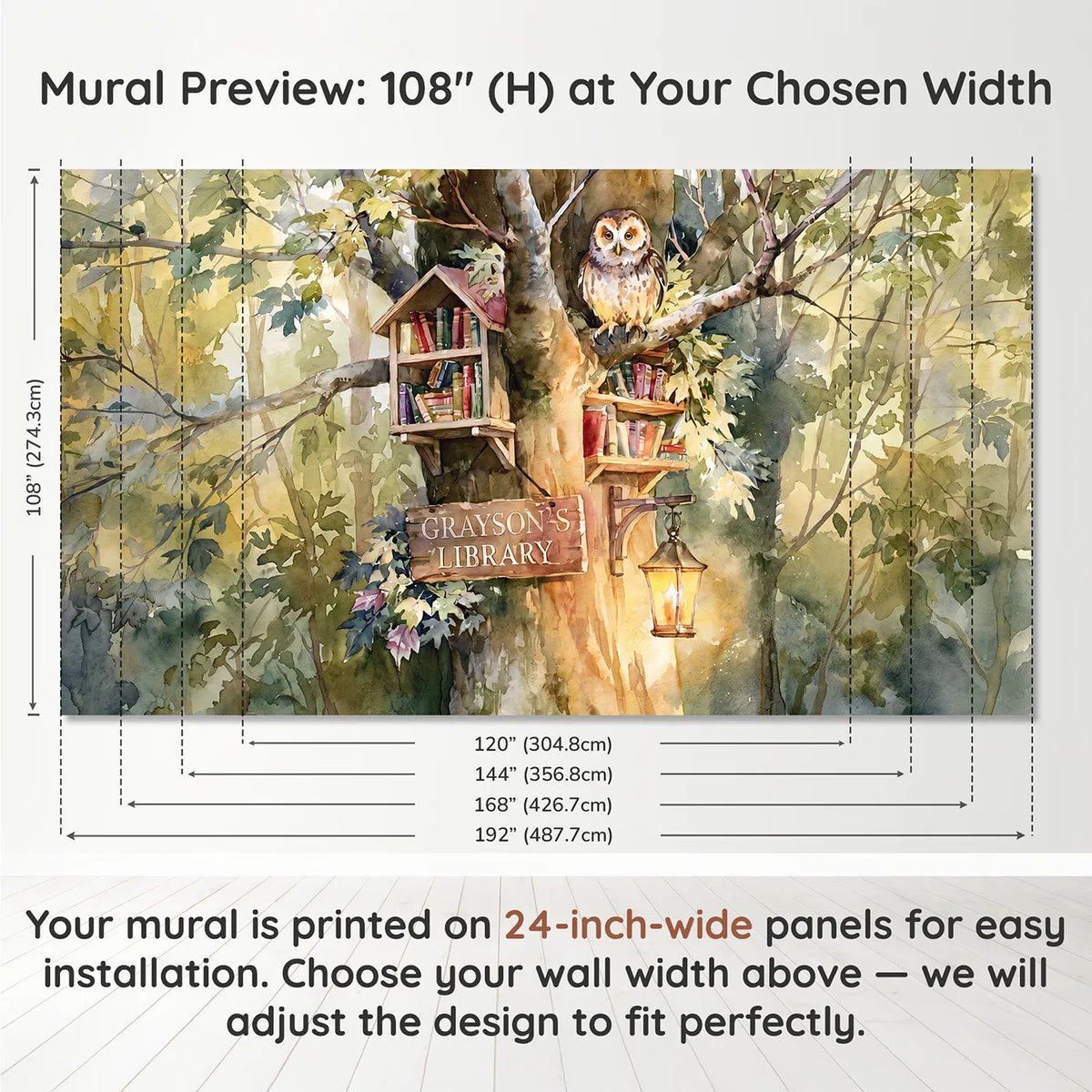 Panel layout and dimensions for Wise Owl Library Personalized Wall Mural by Whimsy Tots