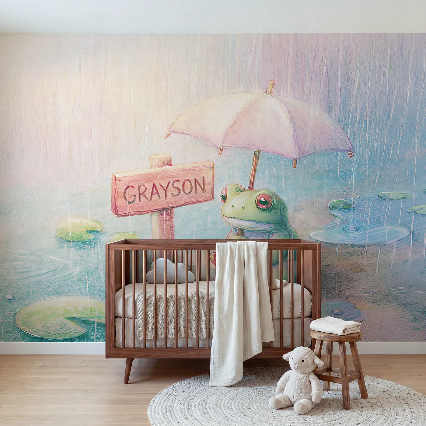 Colored pencil frog under an umbrella with a post name sign, kids room mural by Whimsy Tots