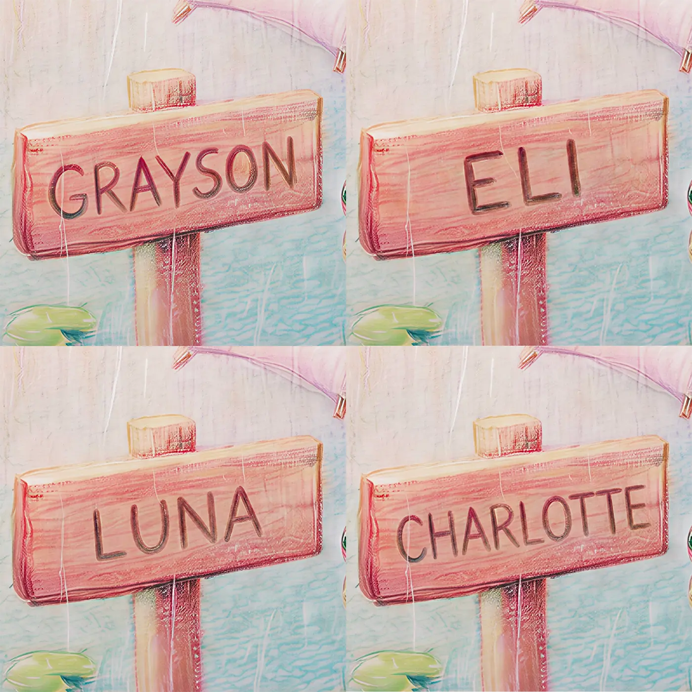 Four name preview examples of Frog Rainy Day Personalized Wall Mural by Whimsy Tots