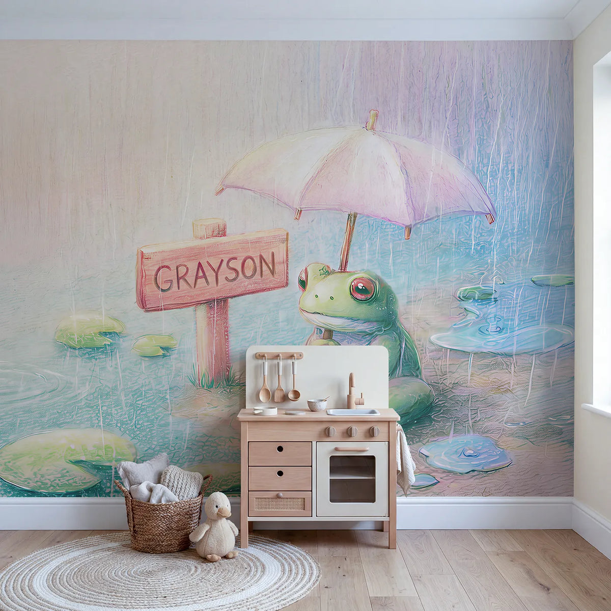 Frog Rainy Day Personalized Wall Mural in playroom setting by Whimsy Tots
