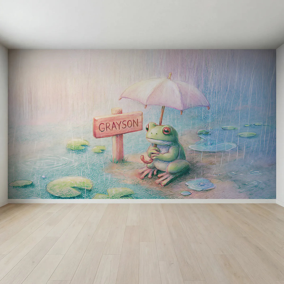Full view of Frog Rainy Day Personalized Wall Mural by Whimsy Tots