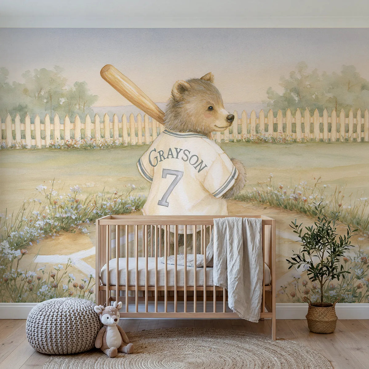 Storybook bear at bat personalized wall mural with lettered jersey back and number by Whimsy Tots
