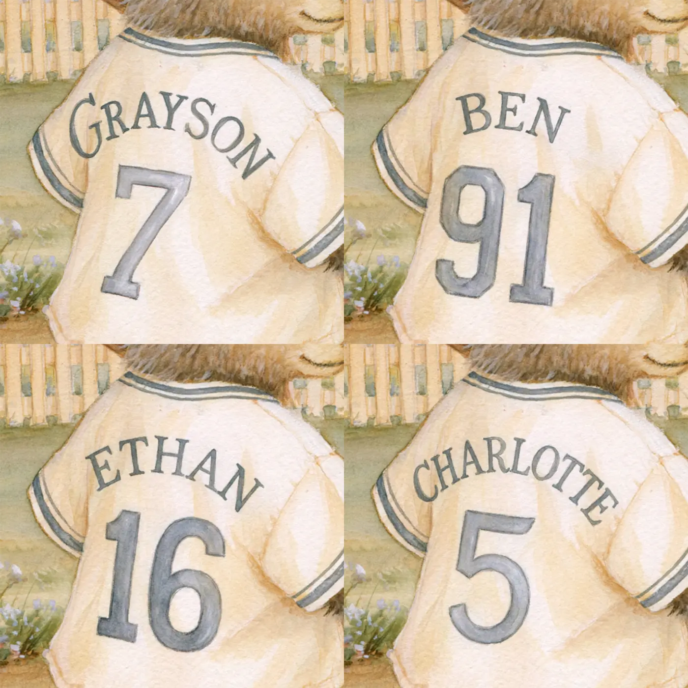 Four name preview examples of Baseball Bear Jersey Personalized Wall Mural by Whimsy Tots