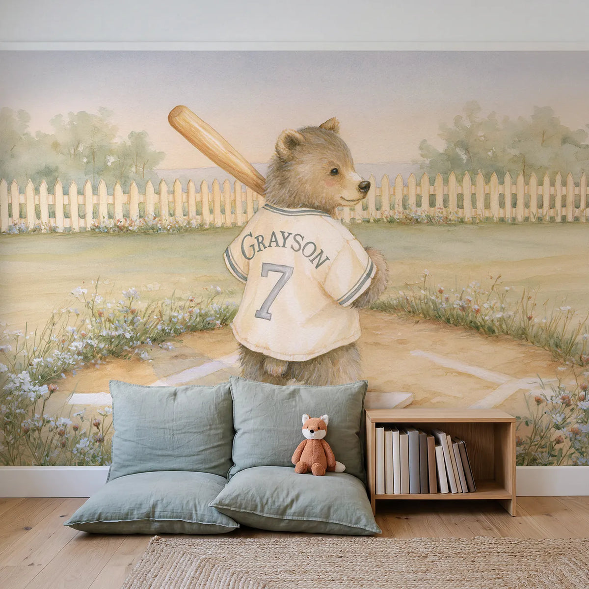 Baseball Bear Jersey Personalized Wall Mural in playroom setting by Whimsy Tots