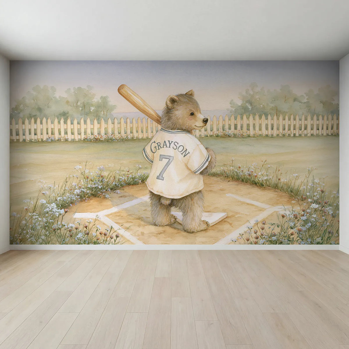 Full view of Baseball Bear Jersey Personalized Wall Mural by Whimsy Tots